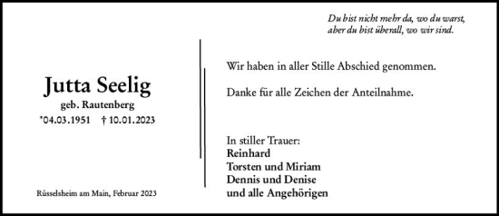 Traueranzeige von Jutta Seelig von Rüsselsheimer Echo