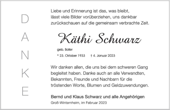 Traueranzeige von Käthi Schwarz von Allgemeine Zeitung Ingelheim-Bingen