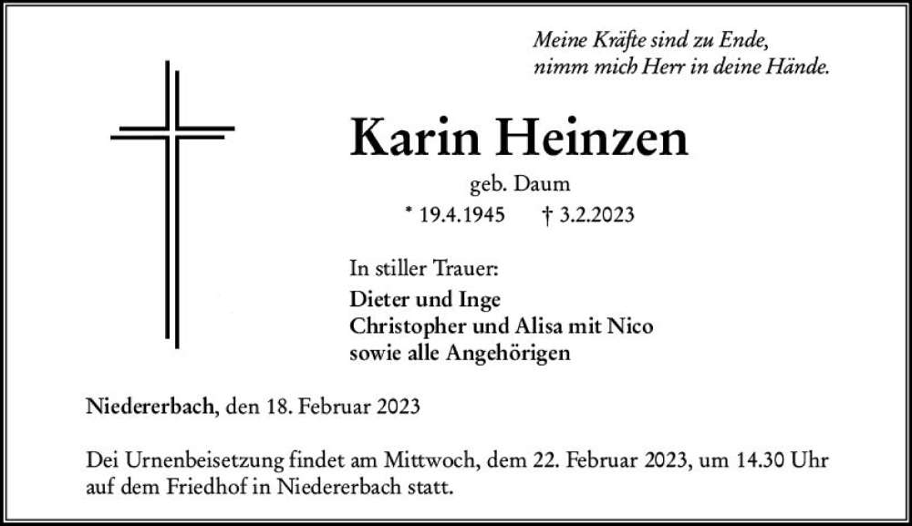  Traueranzeige für Karin Heinzen vom 18.02.2023 aus Nassauische Neue Presse