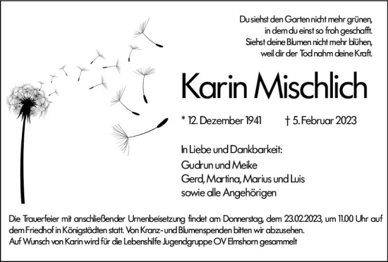 Traueranzeige von Karin Mischlich von Rüsselsheimer Echo