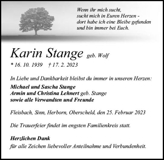 Traueranzeige von Karin Stange von Dill Block