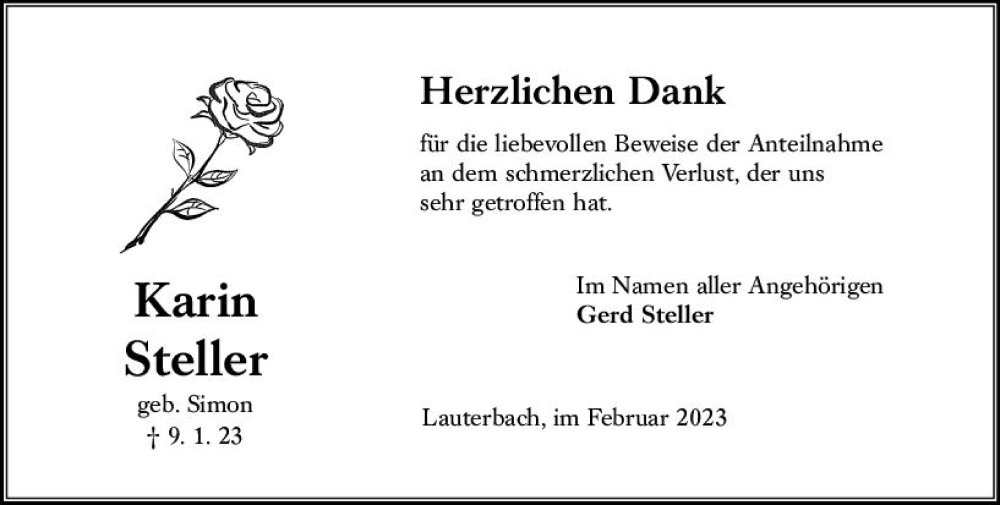  Traueranzeige für Karin Steller vom 25.02.2023 aus Oberhessen Kurier