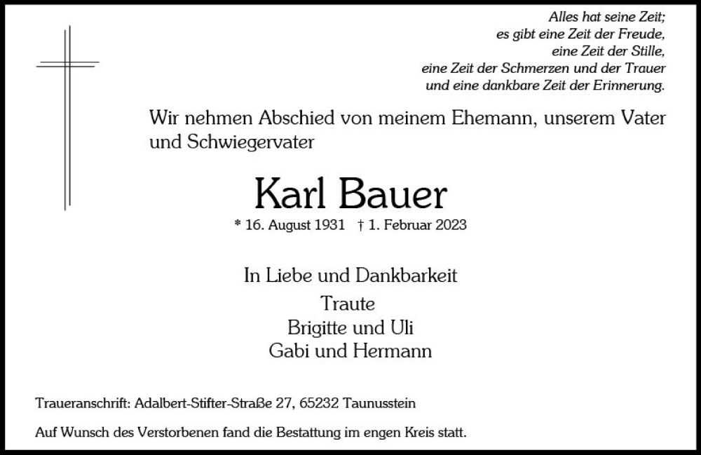  Traueranzeige für Karl Bauer vom 18.02.2023 aus Wiesbadener Kurier