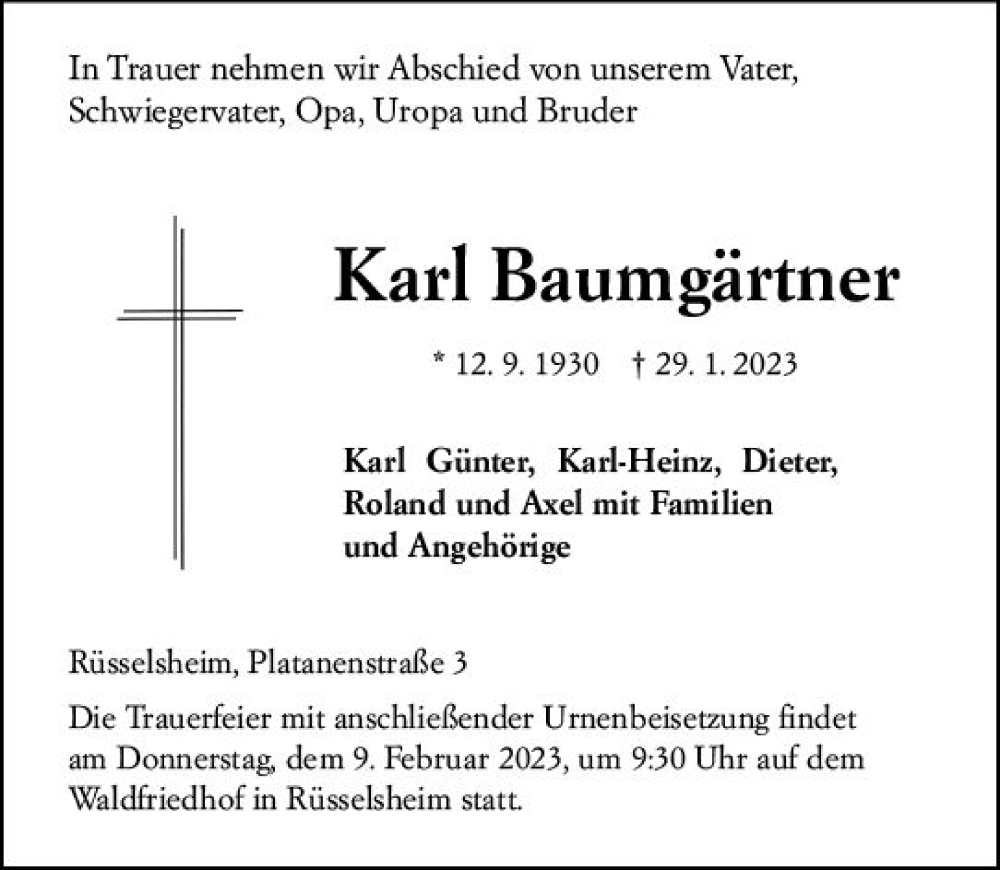  Traueranzeige für Karl Baumgärtner vom 04.02.2023 aus Rüsselsheimer Echo
