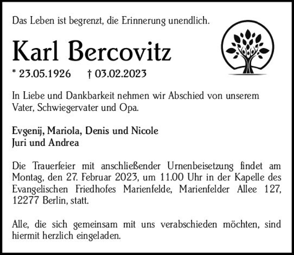  Traueranzeige für Karl Bercovitz vom 11.02.2023 aus Darmstädter Echo