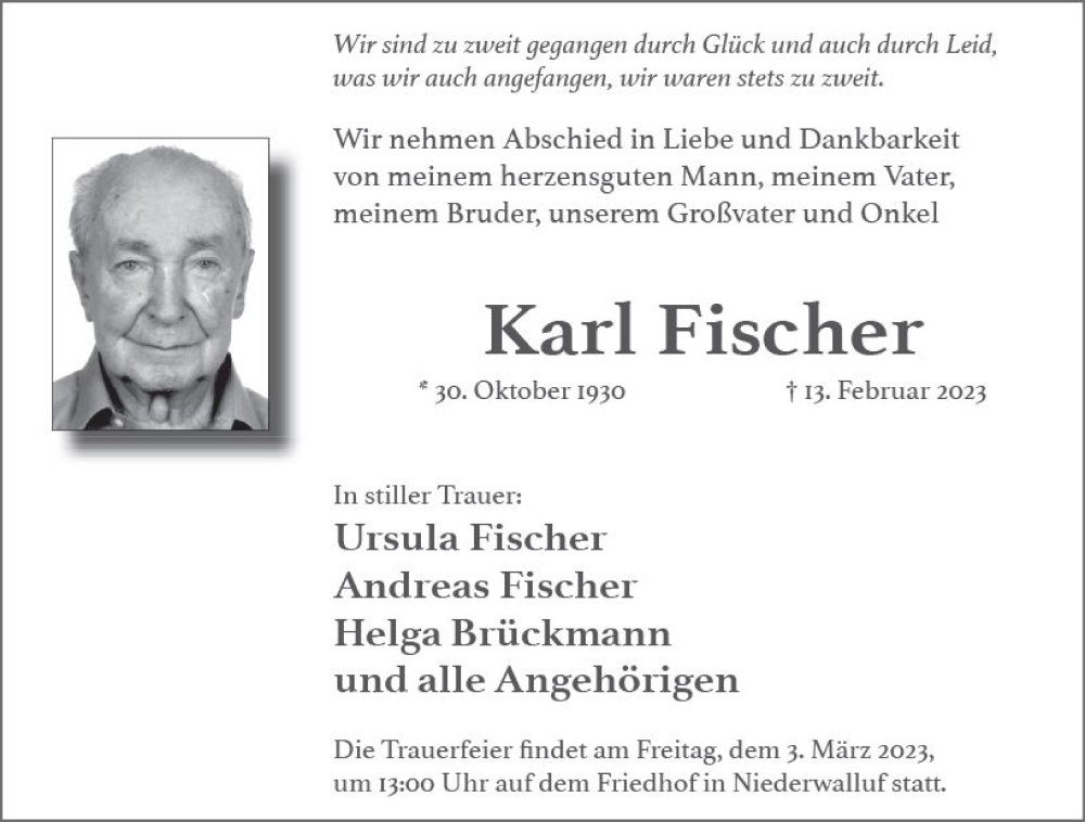  Traueranzeige für Karl Fischer vom 25.02.2023 aus Wiesbadener Kurier