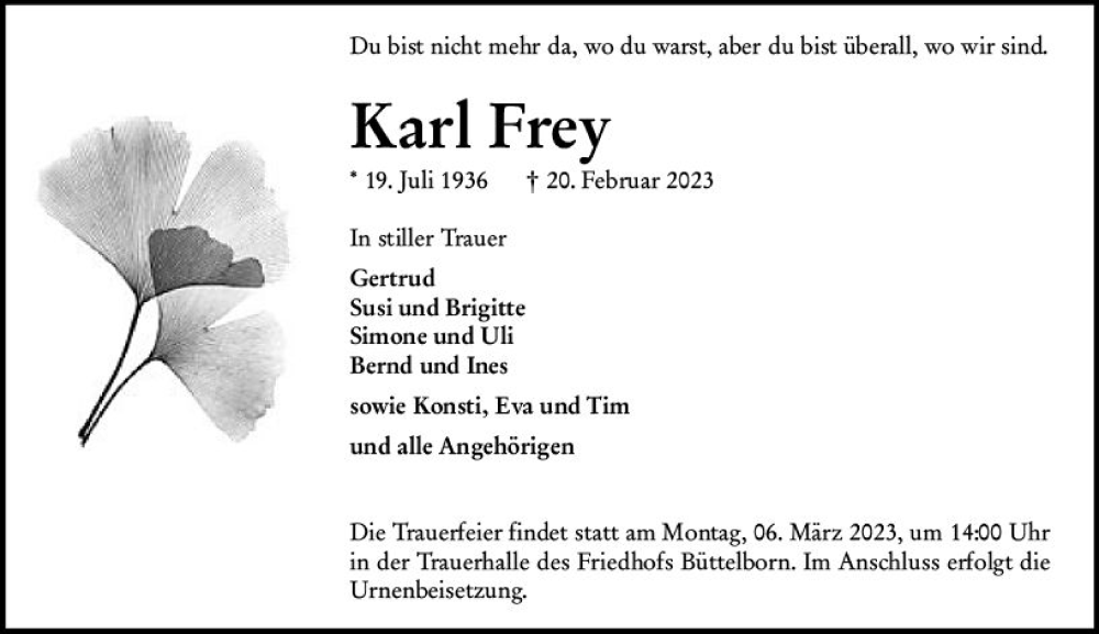  Traueranzeige für Karl Frey vom 25.02.2023 aus Groß-Gerauer Echo