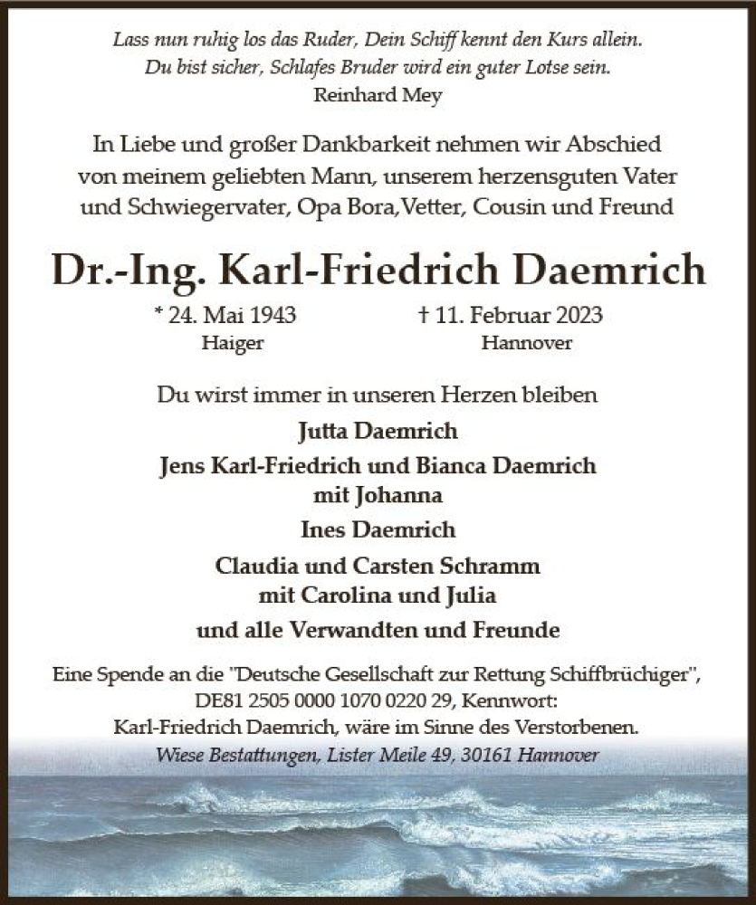  Traueranzeige für Karl-Friedrich Daemrich vom 18.02.2023 aus Dill Block