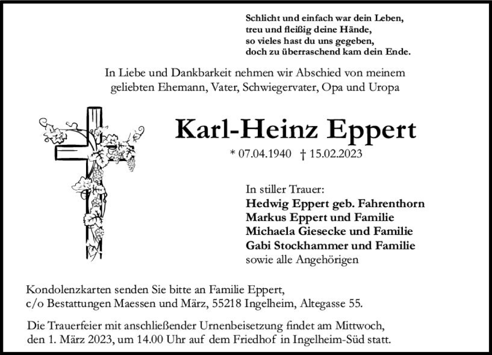  Traueranzeige für Karl-Heinz Eppert vom 25.02.2023 aus Allgemeine Zeitung Bingen/Ingelheim