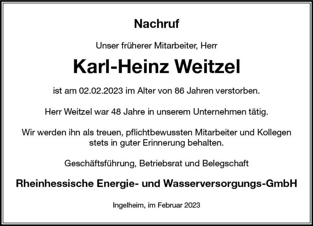  Traueranzeige für Karl-Heinz Weitzel vom 11.02.2023 aus Allgemeine Zeitung Ingelheim-Bingen