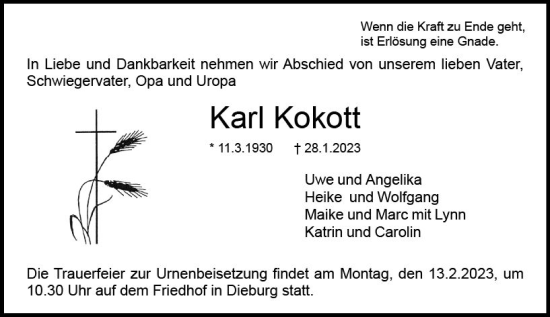 Traueranzeige von Karl Kokott von DieburgerAnzeiger/Groß-Zimmerner Lokalanzeiger