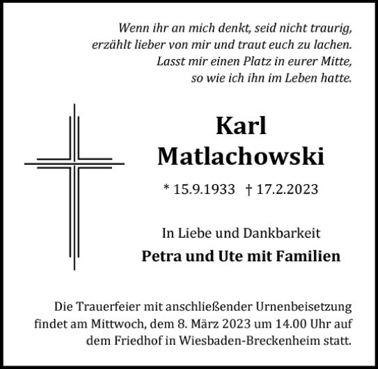 Traueranzeige von Karl Matlachowski von Wiesbadener Kurier