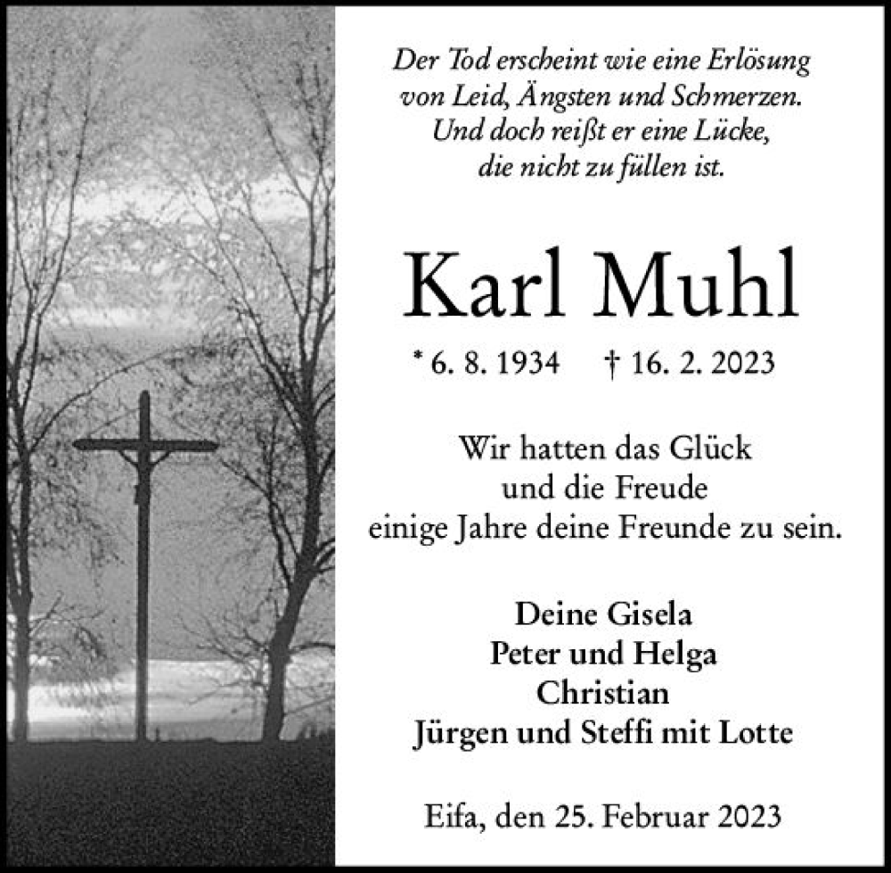  Traueranzeige für Karl Muhl vom 25.02.2023 aus VRM Trauer