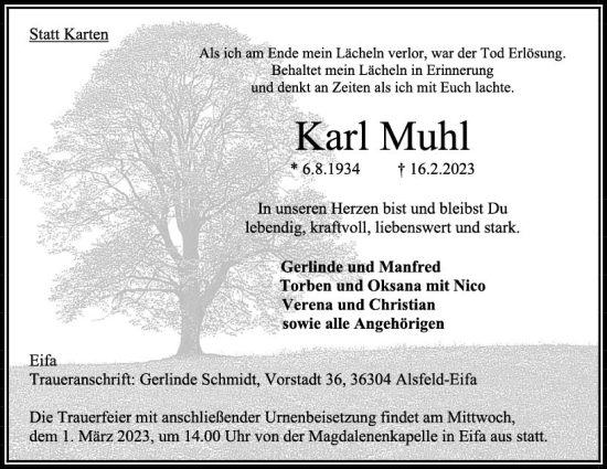 Traueranzeige von Karl Muhl von VRM Trauer