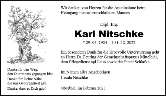 Traueranzeige von Karl Nitschke von Wetzlarer Neue Zeitung