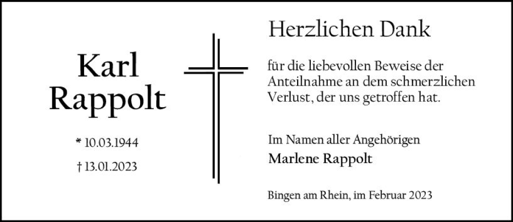  Traueranzeige für Karl Rappolt vom 11.02.2023 aus Allgemeine Zeitung Ingelheim-Bingen