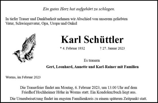 Traueranzeige von Karl Schüttler von Wormser Zeitung