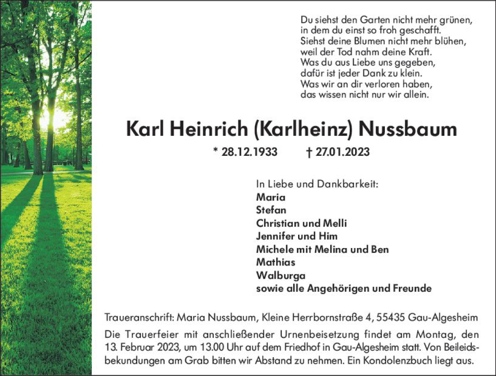  Traueranzeige für Karl Heinrich Nussbaum vom 08.02.2023 aus Allgemeine Zeitung Ingelheim-Bingen