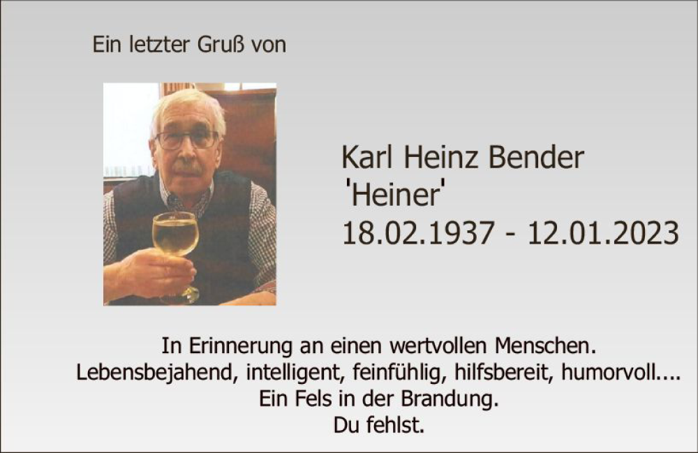  Traueranzeige für Karl Heinz Bender vom 18.02.2023 aus Wormser Zeitung