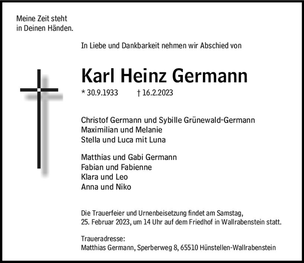  Traueranzeige für Karl Heinz Germann vom 18.02.2023 aus Idsteiner Land/Untertaunus