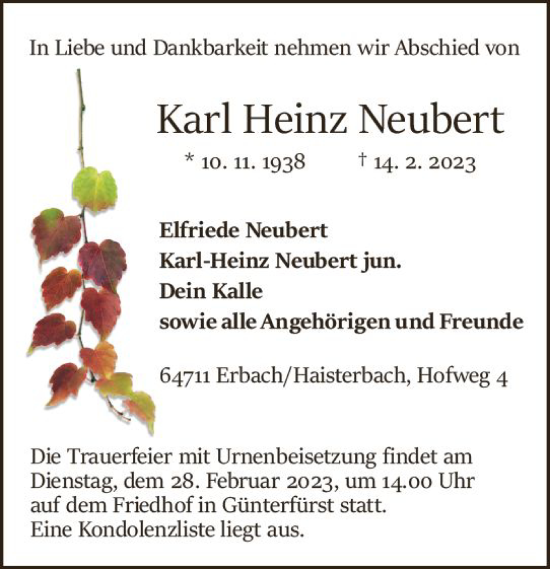 Traueranzeige von Karl Heinz Neubert von Odenwälder Echo