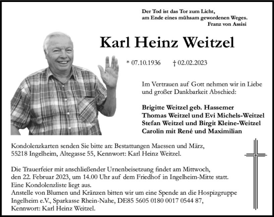 Traueranzeige von Karl Heinz Weitzel von Allgemeine Zeitung Ingelheim-Bingen