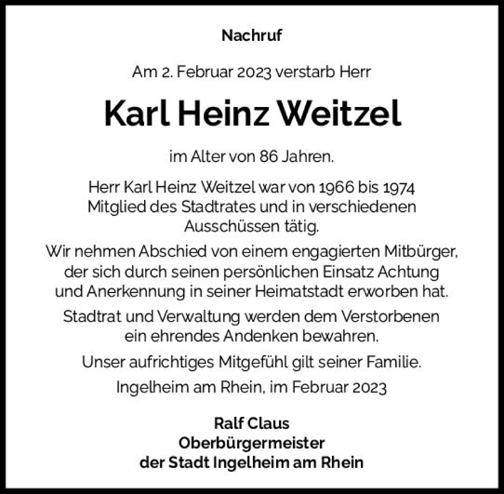  Traueranzeige für Karl Heinz Weitzel vom 11.02.2023 aus Allgemeine Zeitung Ingelheim-Bingen