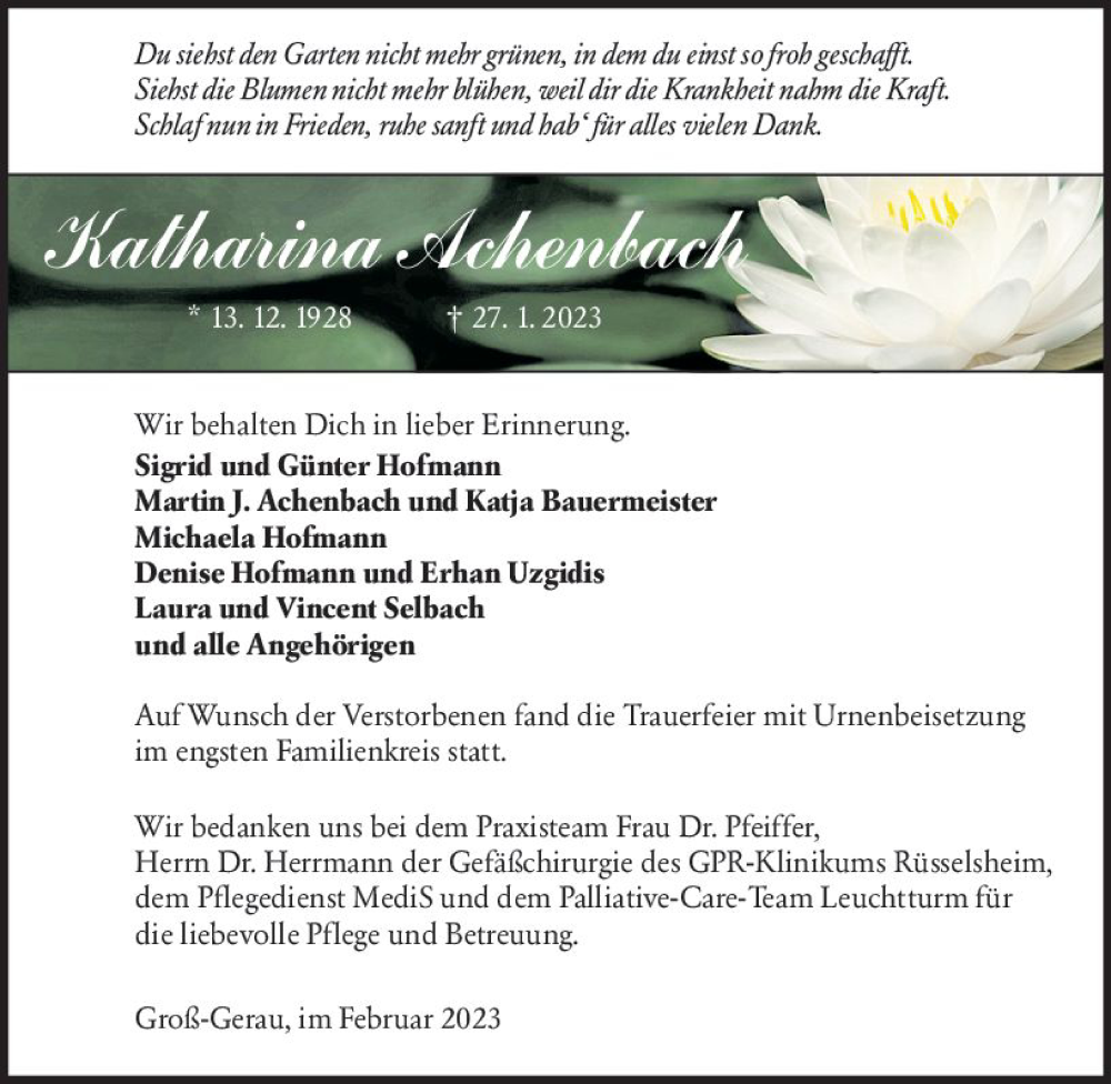  Traueranzeige für Katharina Achenbach vom 11.02.2023 aus Groß-Gerauer Echo