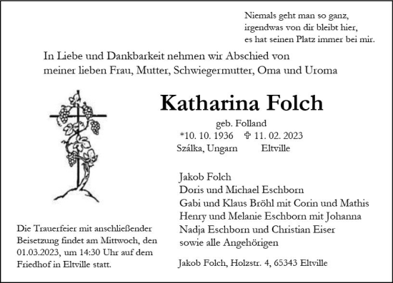 Traueranzeige von Katharina Folch von Wiesbadener Kurier