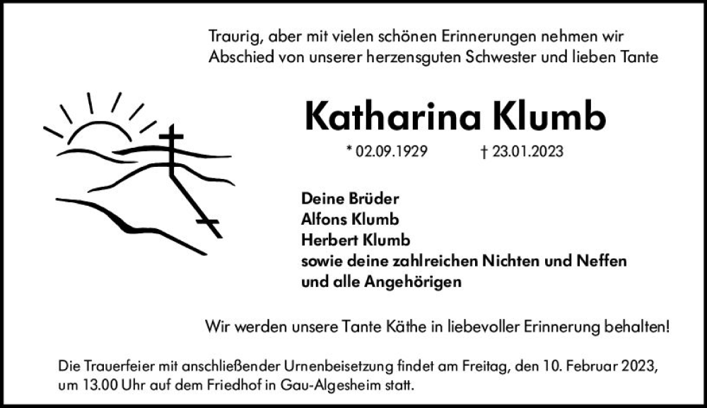  Traueranzeige für Katharina Klumb vom 04.02.2023 aus Allgemeine Zeitung Ingelheim-Bingen