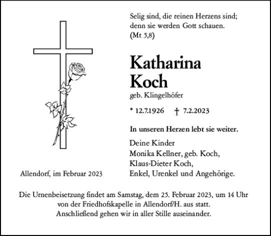 Traueranzeige von Katharina Koch von Hinterländer Anzeiger
