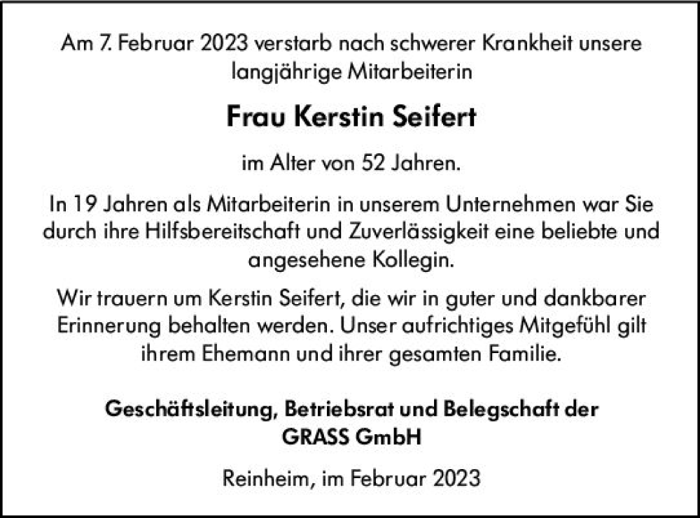  Traueranzeige für Kerstin Seifert vom 18.02.2023 aus Darmstädter Echo