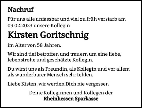 Traueranzeige von Kirsten Goritschnig von Wormser Zeitung
