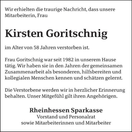 Traueranzeige von Kirsten Goritschnig von Wormser Zeitung