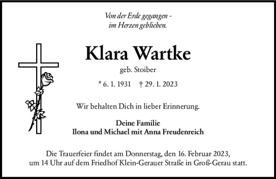 Traueranzeige von Klara Wartke von Groß-Gerauer Echo