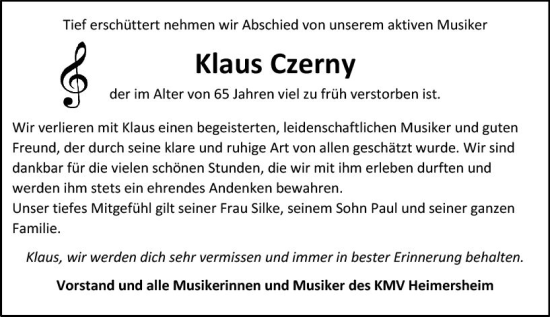 Traueranzeige von Klaus Czerny von Allgemeine Zeitung Alzey