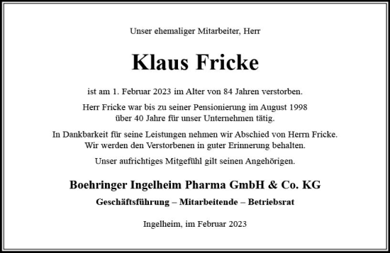 Traueranzeige von Klaus Fricke von Allgemeine Zeitung Ingelheim-Bingen