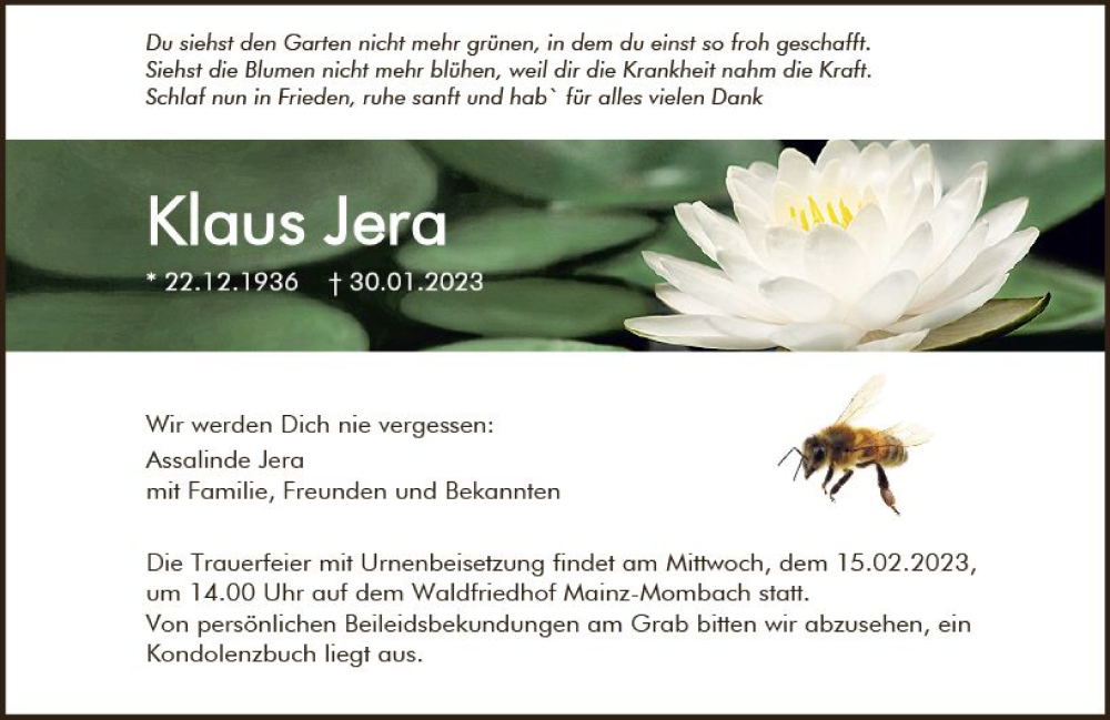  Traueranzeige für Klaus Jera vom 11.02.2023 aus Allgemeine Zeitung Mainz