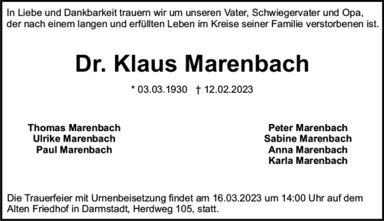 Traueranzeige von Klaus Marenbach von Darmstädter Echo