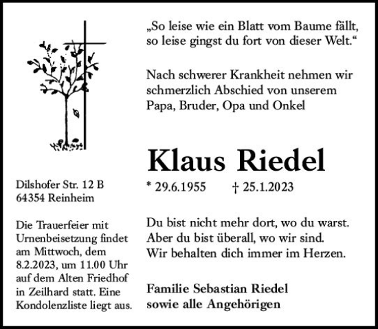 Traueranzeige von Klaus Riedel von Darmstädter Echo