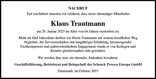 Traueranzeige von Klaus Trautmann von Darmstädter Echo