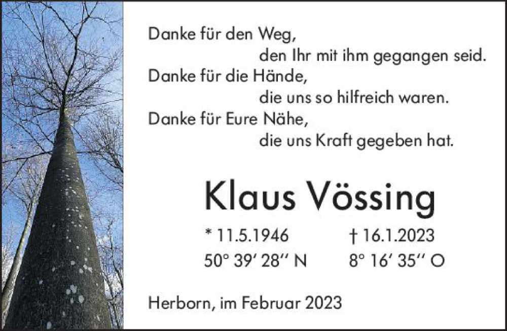  Traueranzeige für Klaus Vössing vom 25.02.2023 aus Dill Block