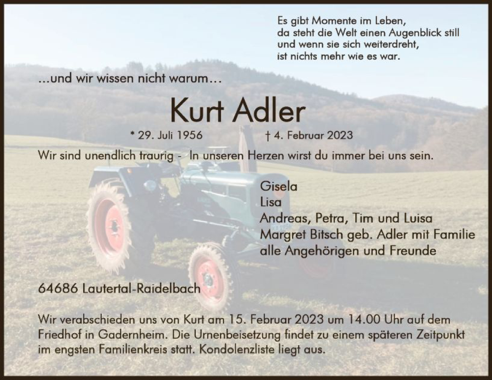  Traueranzeige für Kurt Adler vom 11.02.2023 aus Odenwälder Echo