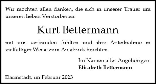 Traueranzeige von Kurt Bettermann von Darmstädter Echo