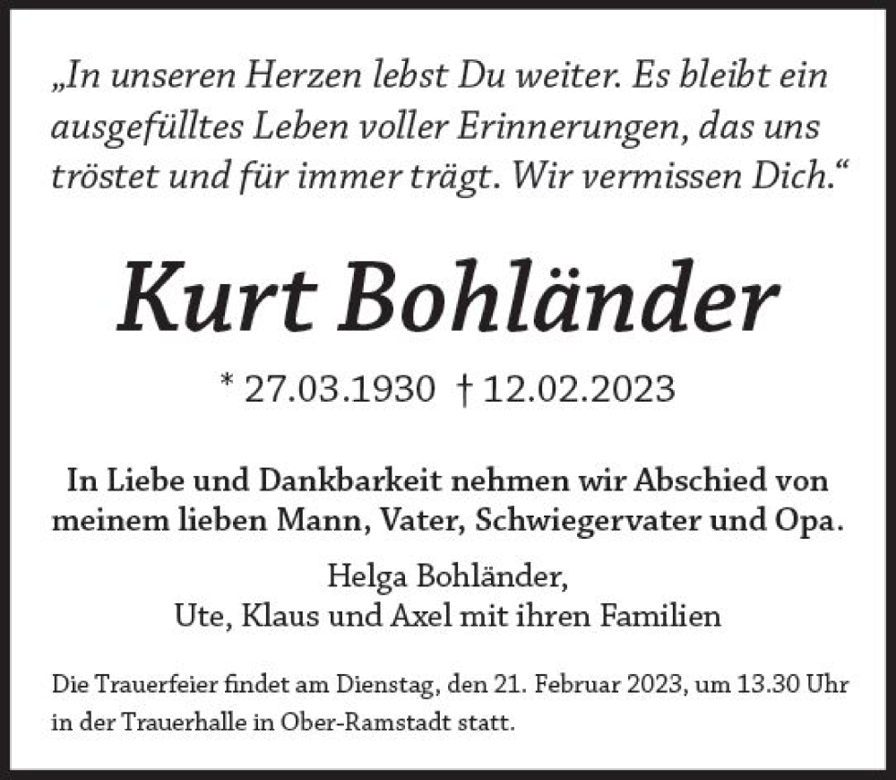  Traueranzeige für Kurt Bohländer vom 18.02.2023 aus Darmstädter Echo