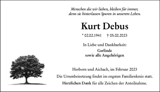 Traueranzeige von Kurt Debus von Dill Block