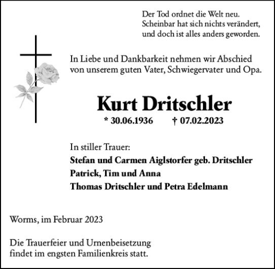 Traueranzeige von Kurt Dritschler von Wormser Zeitung