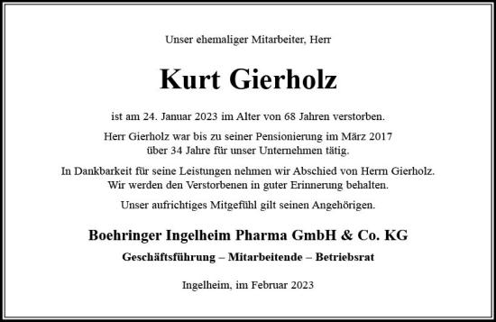 Traueranzeige von Kurt Gierholz von Allgemeine Zeitung Ingelheim-Bingen