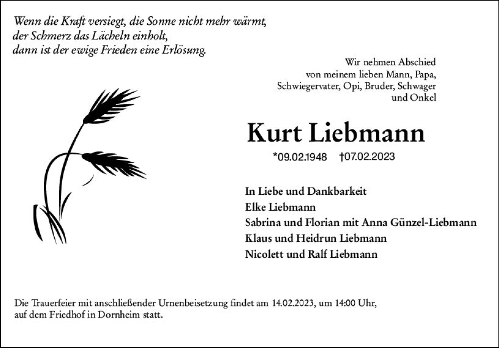  Traueranzeige für Kurt Liebmann vom 11.02.2023 aus Groß-Gerauer Echo