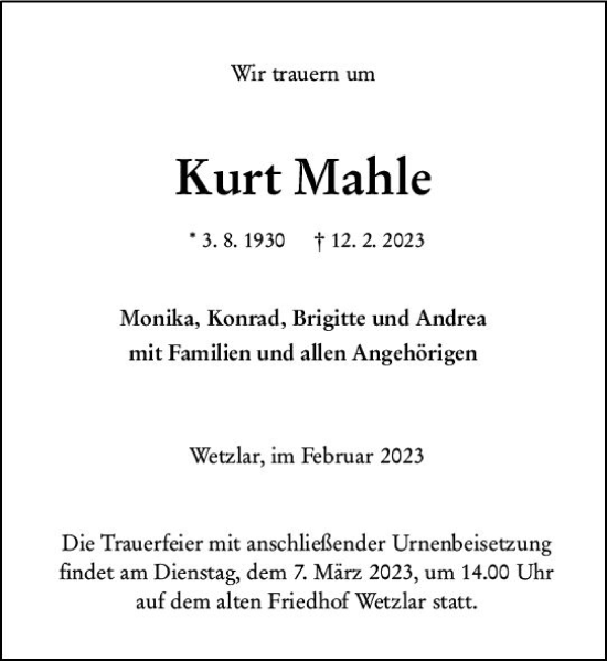 Traueranzeige von Kurt Mahle von Wetzlarer Neue Zeitung